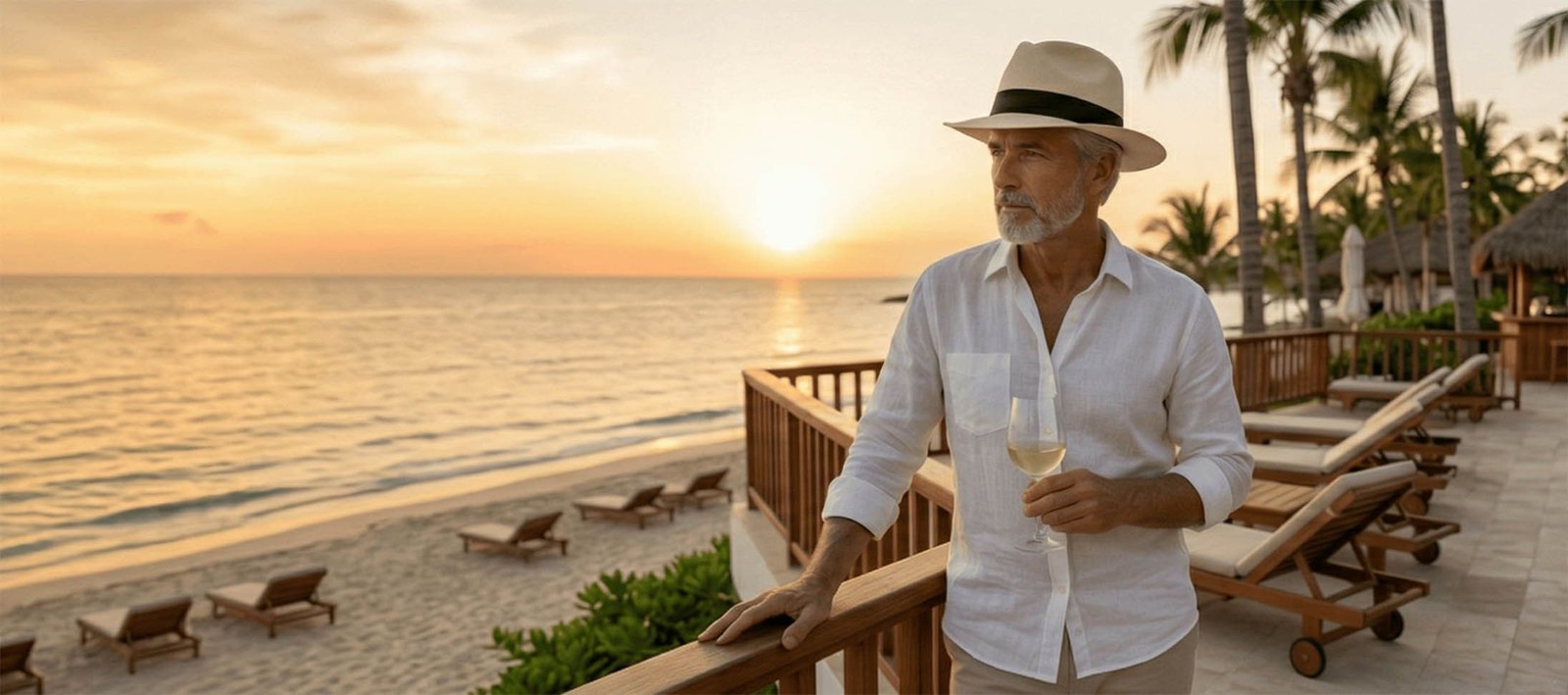 Uomo latino nei Caraibi che indossa un cappello di Panama Montecristi Fedora Classic
